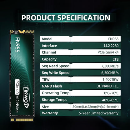 FN955 2TB NVMe SSD M.2 2280 PCIe Gen4x4, Up to 7300MB/s, 3D NAND TLC Flash Internal Solid State Drive, Configure SLC Cache, Storage and Memory Expansion for PS5 Laptop Desktop