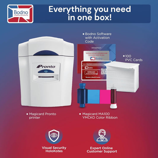 Bodno Magicard Pronto ID Card Printer & Complete Supplies Package ID Software - Silver Edition