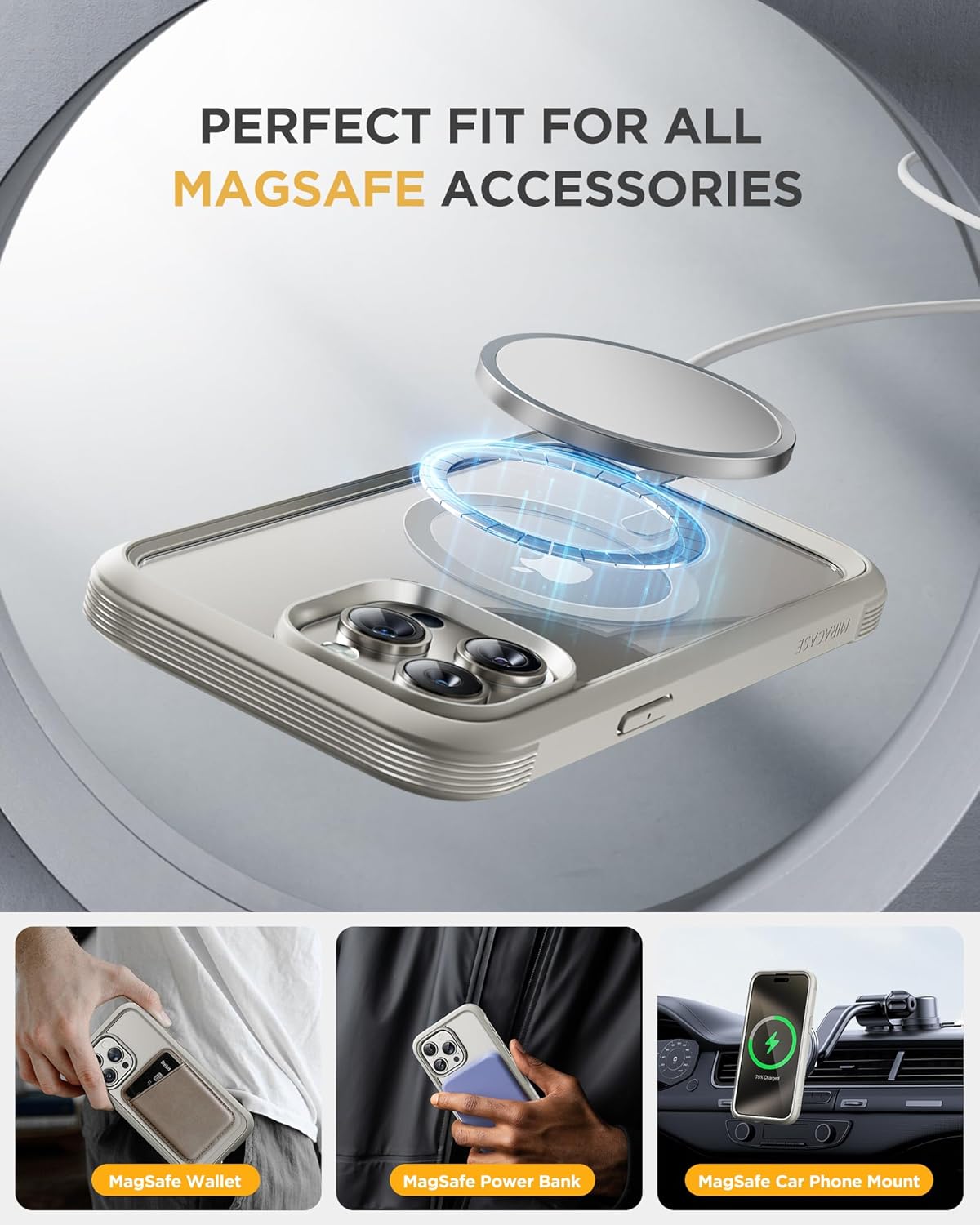 Miracase Magnetic for iPhone 15 Pro Case [Compatible with MagSafe] Full-Body Phone case with Built-in Glass Screen Protector& Camera Protector, Military Drop Proof 15 Pro Cover,Titan