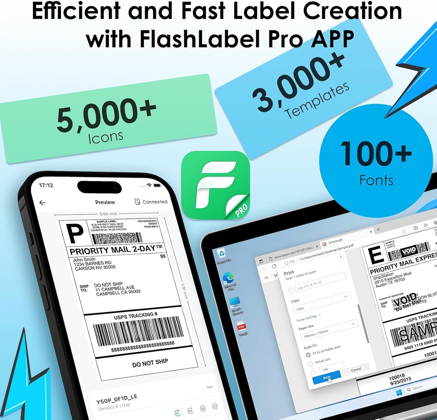 Bluetooth Thermal Label Printer, 4x6 Wireless Thermal Shipping Label Printer for Small Business, Compatible with iPhone,Android,Windows,Mac,Chromebook –Works with Ebay Shopify USPS&More, Black