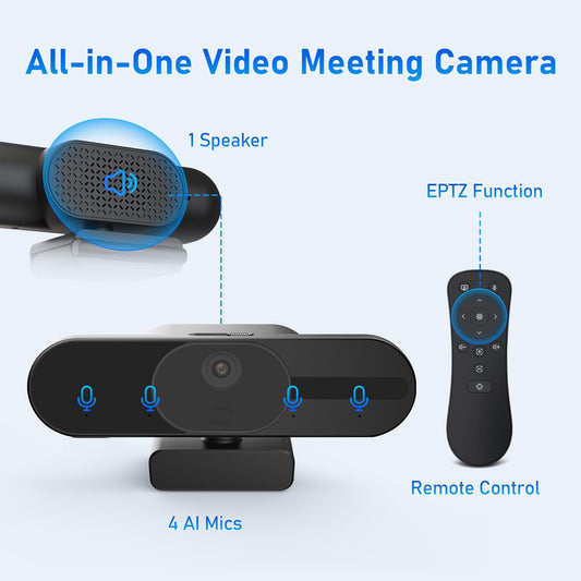 4K Webcam with Speaker and 4 AI Noise-Cancelling Mics, Wide Angle PC Cameras with Remote, Auto Focus, Privacy Cover, Tripod, Great for Computer, Zoom, Skype, Teams, Laptop, Personal Video Calling