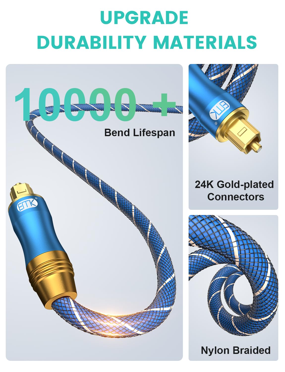 EMK Digital Optical Audio Cable - Fiber Optical Toslink SPDIF 33Feet/10M Male to Male Cord for Home Theater, Sound Bar, TV, PS4, Xbox, PlayStation & More