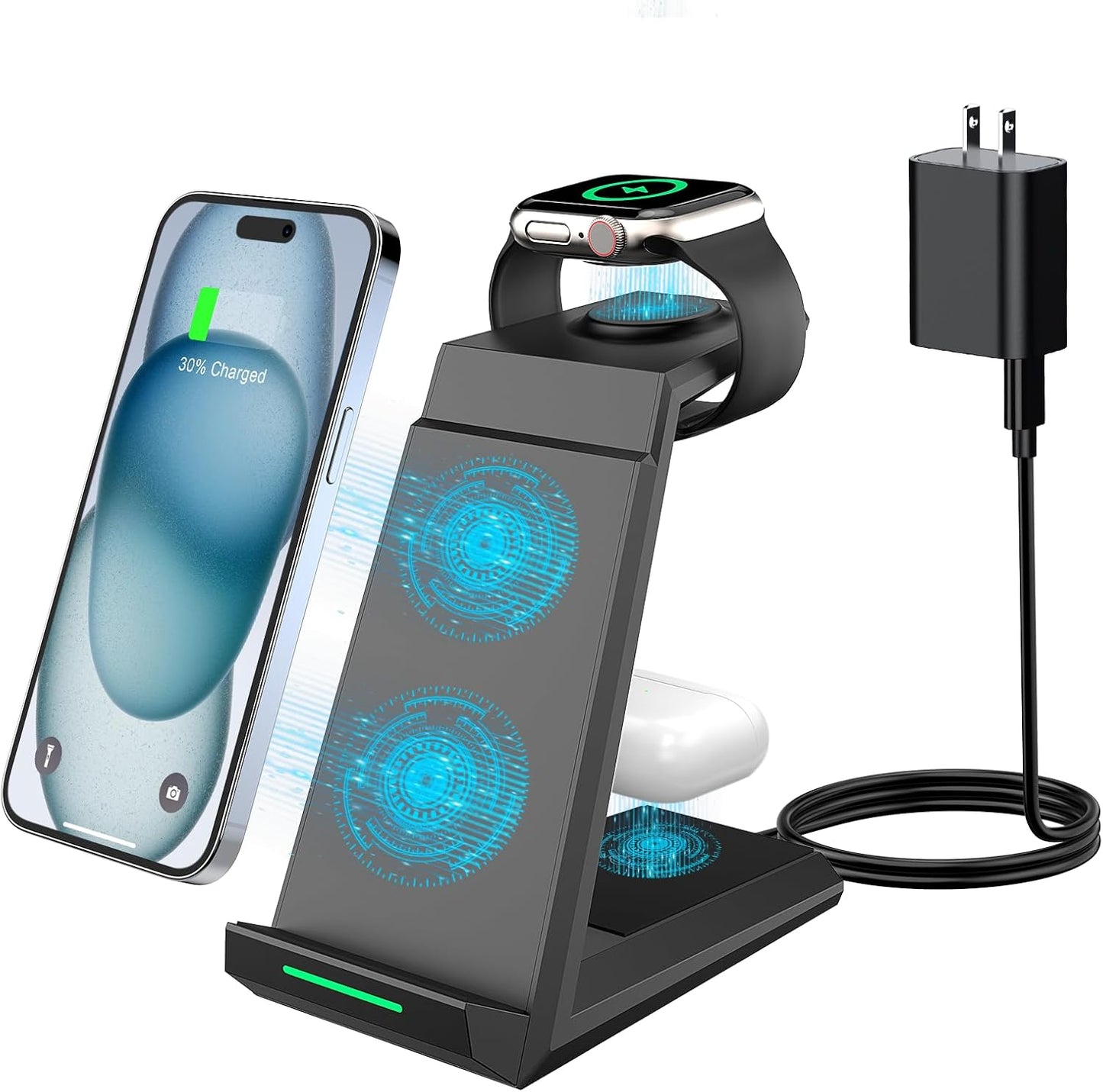 Wireless Charging Station for iPhone - ADADPU 3 in 1 Charger Stand for iPhone 16 Pro Max 15 14 13 12 11 Pro Max XR 8 Plus, for Apple Watch 8/7/SE/6/5/4/3/2,AirPods Pro/3/2(with 5ft Cable and Adapter)