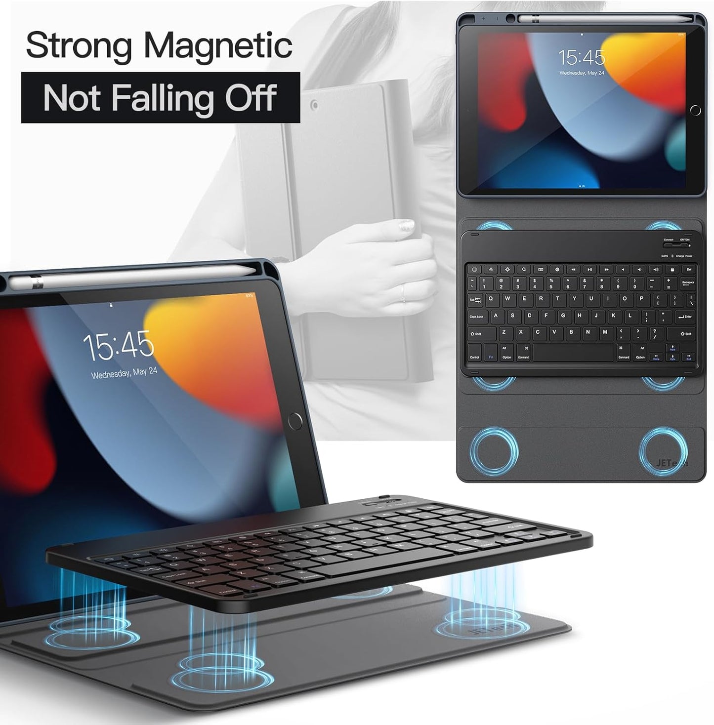 JETech Keyboard Case for iPad 10.2-Inch (2021/2020/2019 Model, 9th/8th/7th Generation) with Pencil Holder, Magnetic Detachable Bluetooth Wireless Keyboard, Soft TPU Back Stand Cover (Space Gray)