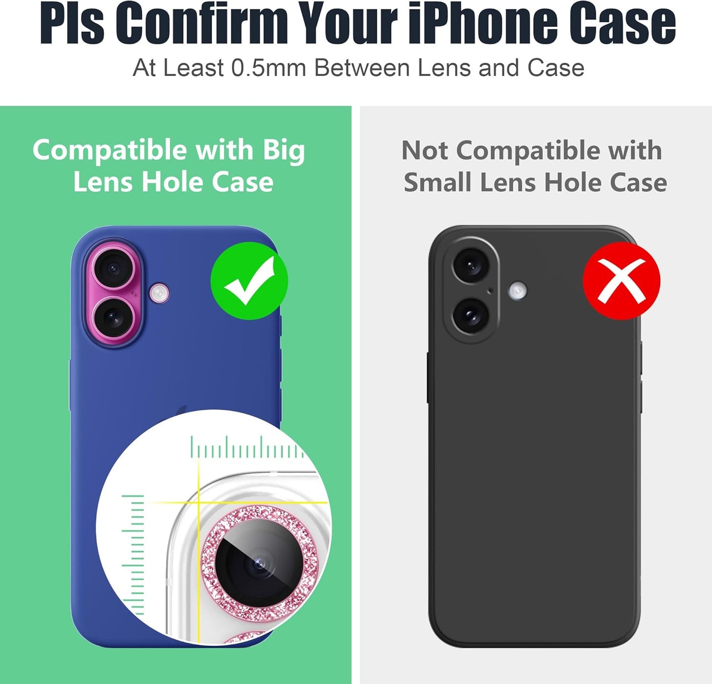 AGVEE 3+3 6 Pack for iPhone 16 6.1" / 16 Plus 6.7" Camera Lens Cover Protector, Bling Glitter & CD-Textured Metal Ring 9H Tempered HD Glass Camera Cover Protector Film, Glitter-Pink