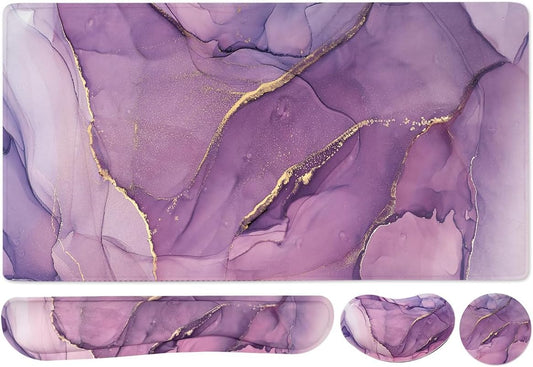 Large Keyboard Mouse Pad Set, Extended Mouse Pad+Keyboard Wrist Rest Support, Memory Foam Ergonomic Easy Typing, 4Pcs (35.4×15.7 in) Desk Pad Set for Home Office Study Game - Purple