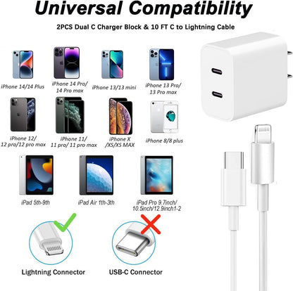 for iPhone Fast Charger,Dual Port USB C iPhone Charger Fast Charging Block,Super Fast Apple Double Type C Wall Charger,2Pack 10FT Quick USB C Lightning Cable for iPhone 14 Pro Max/13/12 MiNi/11/XS/XR
