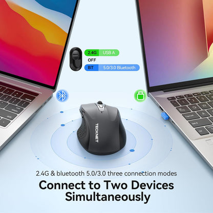 TECKNET Rechargeable Jiggler Wireless Mouse (BT5.0/3.0 & 2.4G) 4800 DPI Silent USB A & Bluetooth Mouse 6 Buttons, Wide Compatibility - Grey
