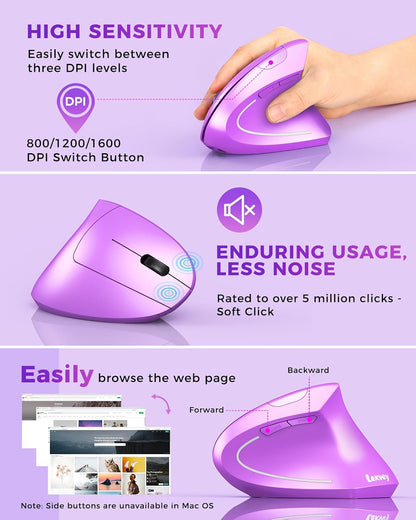 Lekvey Ergonomic Mouse, Wireless Vertical Mouse Rechargeable 2.4 GHz Optical Carpal Tunnel Mice : 800/1200 / 1600 DPI, 6 Buttons, for Laptop, PC, Computer, Desktop, Notebook etc, Purple
