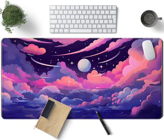 Pastel Pink Purple Clouds Moon Mouse pad Desk Mat, Cute Space Deskmat XXL Large Extended Mousepad Gaming Desk Pad, Big Laptop Computer Keyboard and Mouse Pad Mat for Women Office Decor 31.5x15.7 in