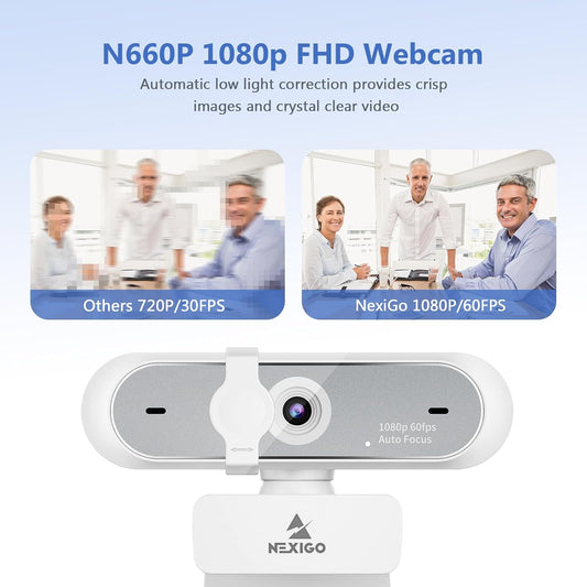 NexiGo N660P (Gen 2) 1080P 60FPS Webcam with Software Control, Dual Microphone & Cover, Autofocus, HD USB Computer Web Camera, for OBS/Zoom/Skype/FaceTime/Teams/Twitch, White