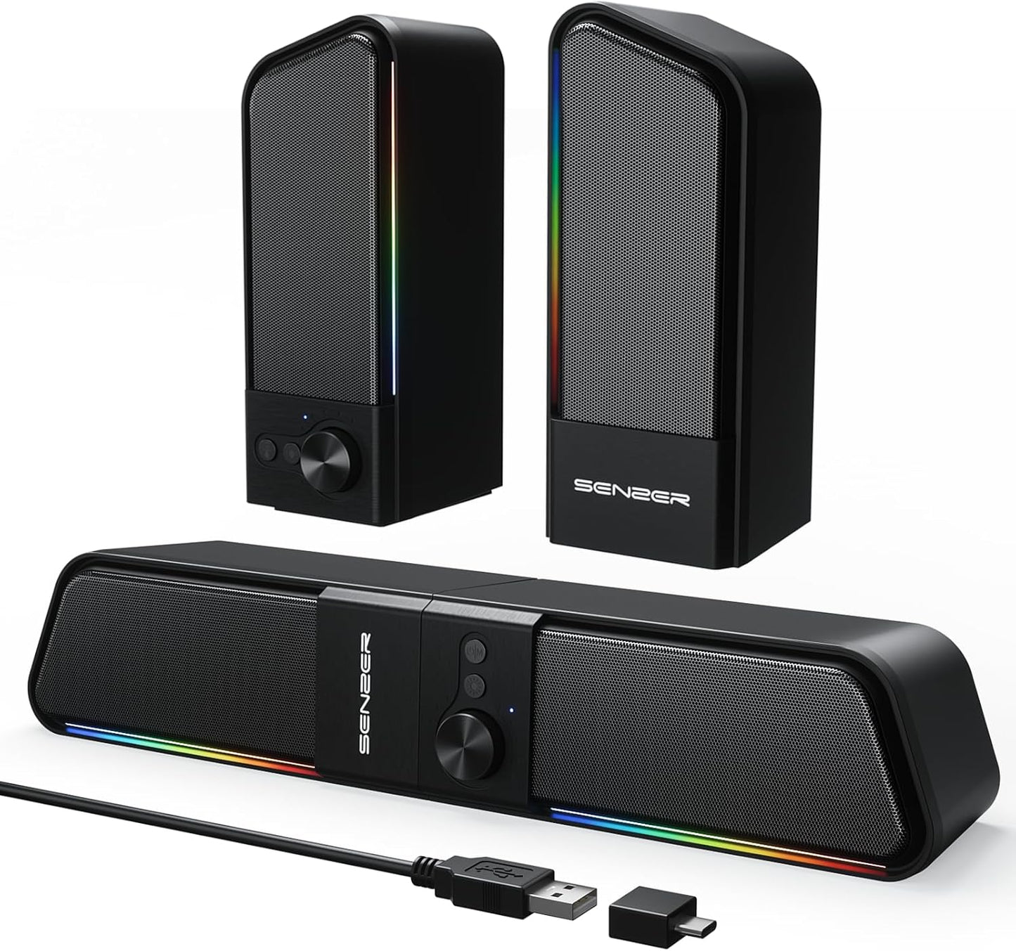 SENZER CS20 2 in 1 Bluetooth Computer Speakers for Desktop, USB Plug & Play Clear Sound PC Speakers with RGB Light, Monitor Sound Bar with Volume Knob, Gaming Speaker for PC Laptop Phone Tablet