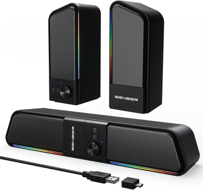 SENZER CS20 2 in 1 Bluetooth Computer Speakers for Desktop, USB Plug & Play Clear Sound PC Speakers with RGB Light, Monitor Sound Bar with Volume Knob, Gaming Speaker for PC Laptop Phone Tablet