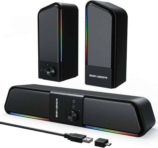 SENZER CS20 2 in 1 Bluetooth Computer Speakers for Desktop, USB Plug & Play Clear Sound PC Speakers with RGB Light, Monitor Sound Bar with Volume Knob, Gaming Speaker for PC Laptop Phone Tablet