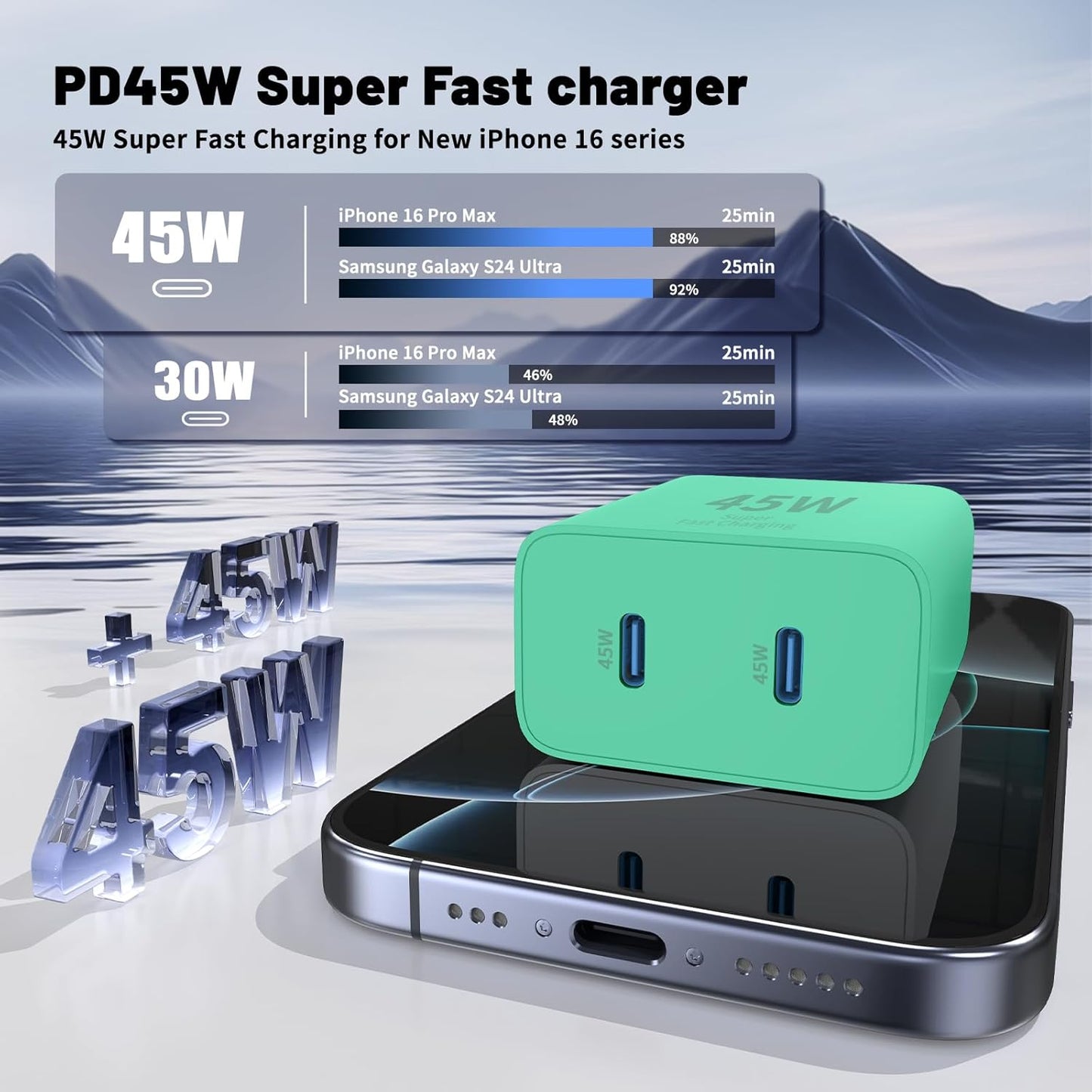 iPhone 16 15 Pro Max Charger Fast Charging,45W Dual Port USB C Fast Charger Block [2-Pack] & Extra Long 60W 3/6/10/10FT USB C Cable - PD Quick Adapter 3.0 for iPhone 16 15/16 15Pro/16 15 Plus.