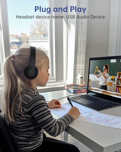 USB Headset with Microphone for PC, Wired Headphones with Mic USB Headsets with Noise Cancelling Microphone, Computer Headset with Microphone for Home Office Online Class Teams Skype（Black）