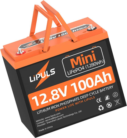 12V100Ah Mini LiFePO4 Lithium Battery, 100Ah Lithium Deep Cycle Battery, Max.1280Wh, 100A BMS, 15000 Cycles, Perfect for Trolling Motor, RV, Camping, Solar Panel