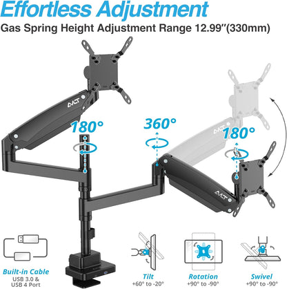 AVLT Dual 57 Inch Heavy Duty Stacking Monitor Arm Pole Top Mount With USB-C USB-A Ports-Black, Height Adjustable, Easy Install Top C-Clamp/Grommet With Reinforcement Plates, VESA Compatible 200/100/75