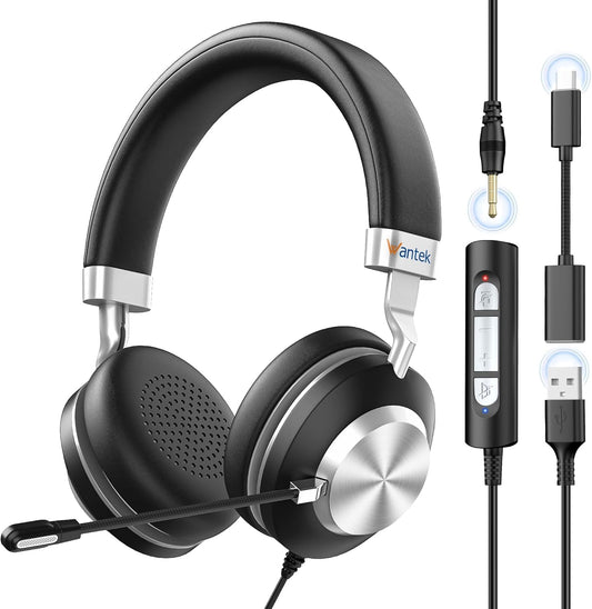 Wantek USB Headset with Microphone for PC,Laptop,Computer Headset with Noise Cancelling & Audio Controls,Wired Headset for Call Center,Work,Ofiice,Zoom,Binaural