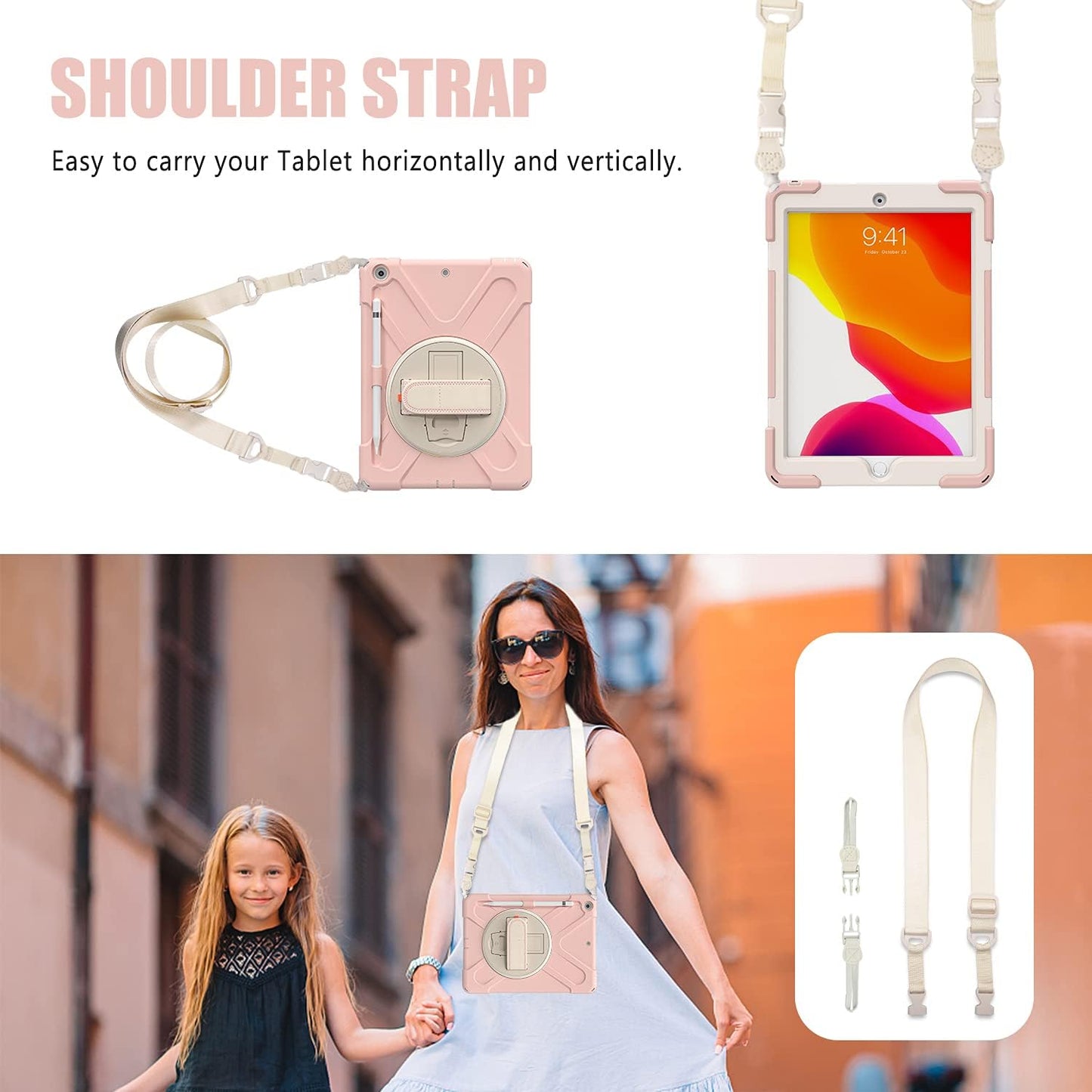 ZenRich Shockproof Case for iPad 9th/8th/7th Generation 10.2 inch 2021/2020/2019, Heavy Duty Rugged Case with Pencil Holder/360° Rotating Kickstand/Handle/Carrying Strap, SakuraPink