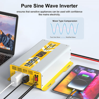 XWJNE 1200W Pure Sine Wave Power Inverter 12V DC to 120V GFCI AC Converter with LCD Display for Home, RV, Truck, Off-Grid Solar Power