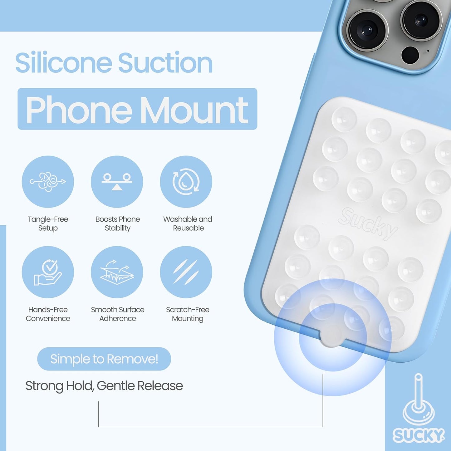 SUCKY Double Sided Suction Phone Octo Cup Buddy Mount - Anti-Slip Holder, Hands-Free Phone Accessory for iPhone and Android - Sticky Grip for Selfies, Videos - Clear