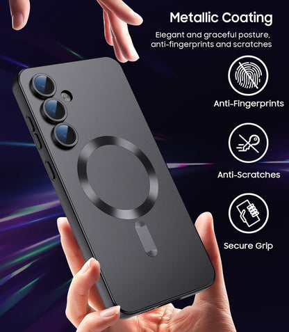 Magnetic for Samsung Galaxy S24 Plus Case [Compatible with MagSafe][Built-in Camera Lens Protector] Slim Soft Silicone Bumper Shockproof Metallic Luster Phone Case (Black)