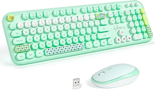 KNOWSQT Wireless Keyboard and Mouse Combo - Lovely Green Rainbow Full-Sized Typewriter Colorful Keyboards, Round Keycap USB Plug Play Retro Cute Keyboards for Windows, Laptop, PC, Desktop, Computer