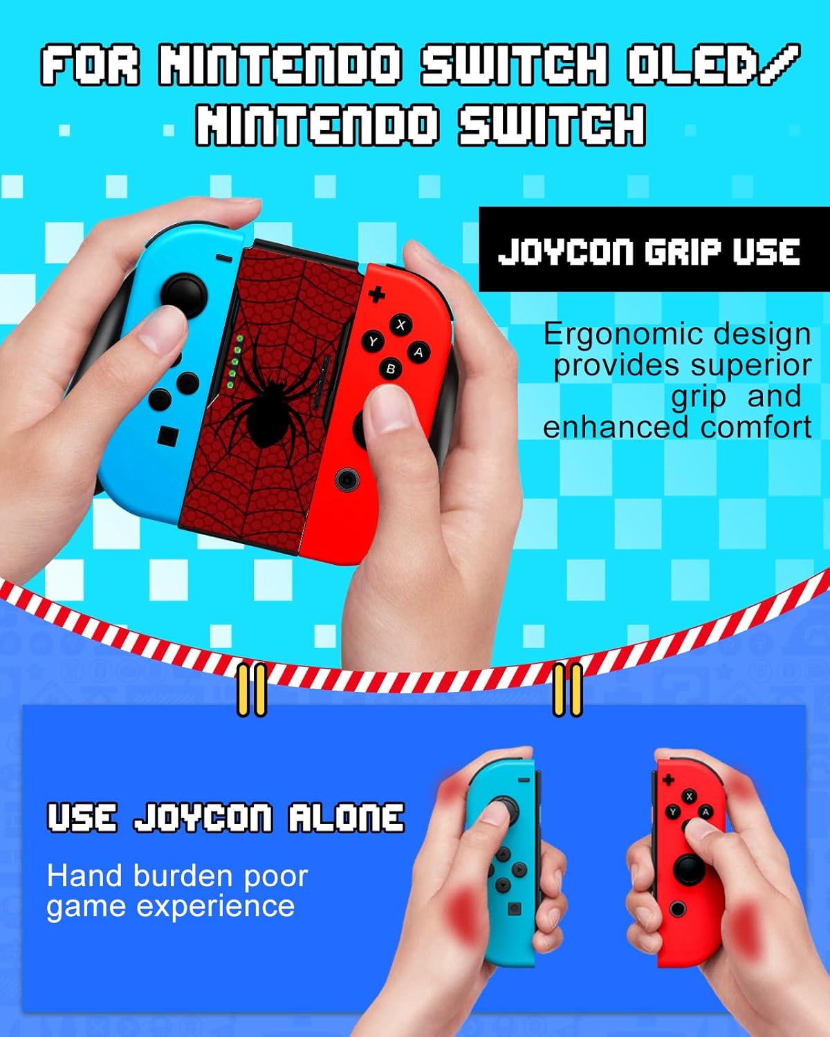 Lotadilo Joy-Con Grip for Nintendo Switch/Switch Oled - JoyCon Comfort Hand Grips Controller for Men Teen Boys Cool Cartoon Anime Design, Red Black