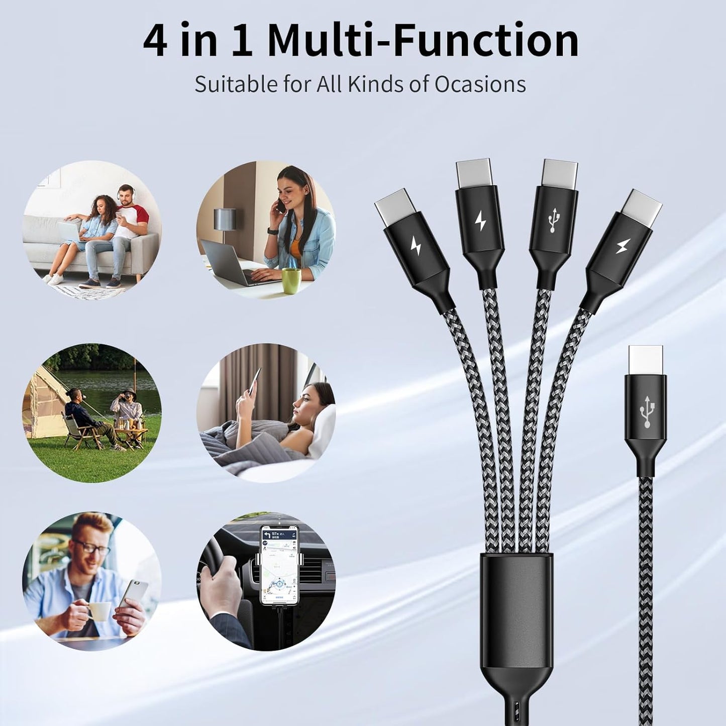 USB C Splitter Multi Charging Cable 2Pack, Dual Type C Charger Cord,4 in 1 Multiple Nylon Braided Cable with 4 Type-C Connectors Compatible with iPhone 15 Pro Max/Samsung Galaxy/Tablets/Google-5FT.