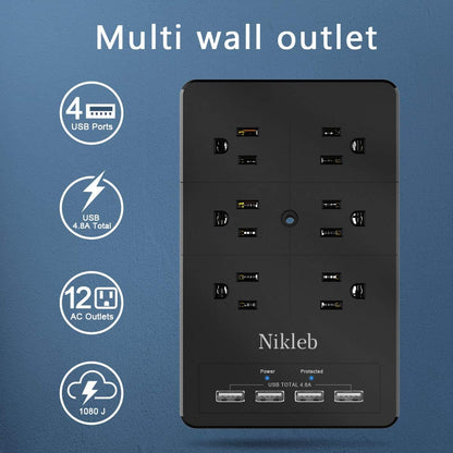 Surge Protector Wall Charger, 12 Wide AC Outlets Power Strip, 4 Ports USB Charging Blocks, Multiple Plug Adapter Wall Mount, Plug Extender Heavy Duty, Outlet Splitter for Home, Office Supplies