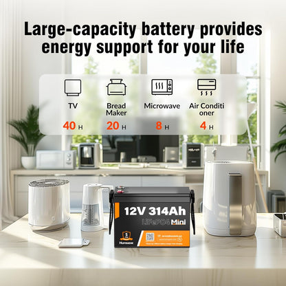 12V 300Ah (314Ah) LiFePO4 Lithium Mini Battery, Max. 4019Wh Energy, 15000+ Deep Cycles, 100A BMS Lithium Iron Phosphate Rechargeable Battery Great for RV, Marine and Off Grid Applications