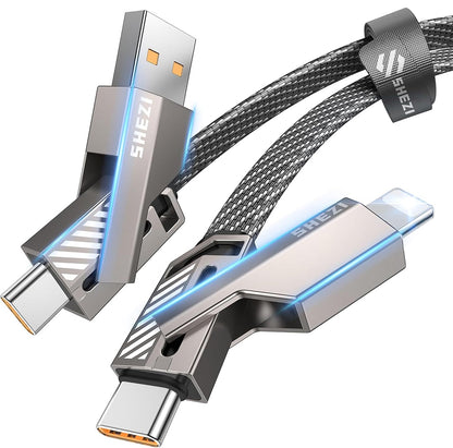 SHEZI [Upgraded 2.0] 4-in-1 USB C Cable 60W 5FT Compatible with Lightning Cable [Fast Charging & Data Transfer] Flat Braided Multi Charger Cord Combo with L/USB C/A Port for iPhone/iPad & All Devices