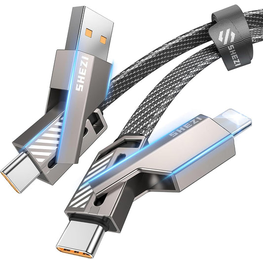 SHEZI [Upgraded 2.0] 4-in-1 USB C Cable 60W 5FT Compatible with Lightning Cable [Fast Charging & Data Transfer] Flat Braided Multi Charger Cord Combo with L/USB C/A Port for iPhone/iPad & All Devices
