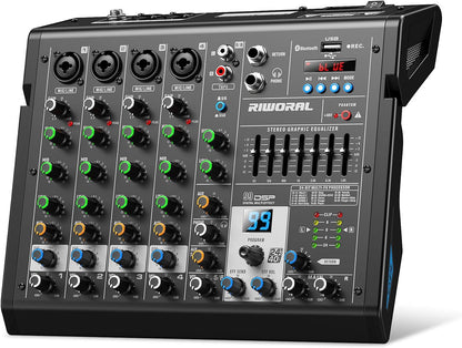 6 Channel Audio Interface Dj Mixer Soundboard Console 99 Dsp Reverb Delay Effect USB Bluetooth Studio Audio Mixer +48V Phantom Bluetooth for Karaoke Streaming Recording, Live Broadcast