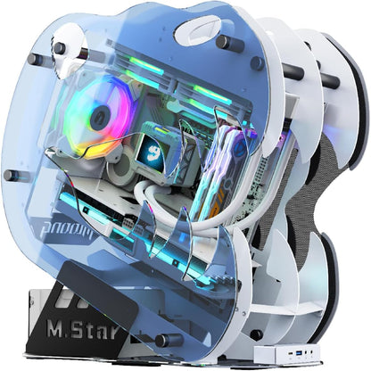 MegaPC Upgraded Open-Frame Mid-Tower Micro-ATX/Mini-ITX Gaming PC Case, Tempered Glass Side Panel, Pre-Installed ARGB PWM Fan, with USB3.0, USB-C, 240mm Radiator Support (Upgrade White)