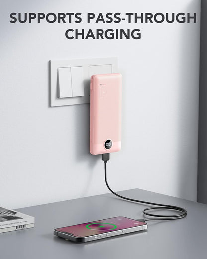 VRURC Portable Charger Built-in Cables and AC Wall Plug, USB C Power Bank 10000mAh, Travel Essentials Phone Charger Compact Lightweight External Battery Pack for Smart Phones, Tablets etc-Pink