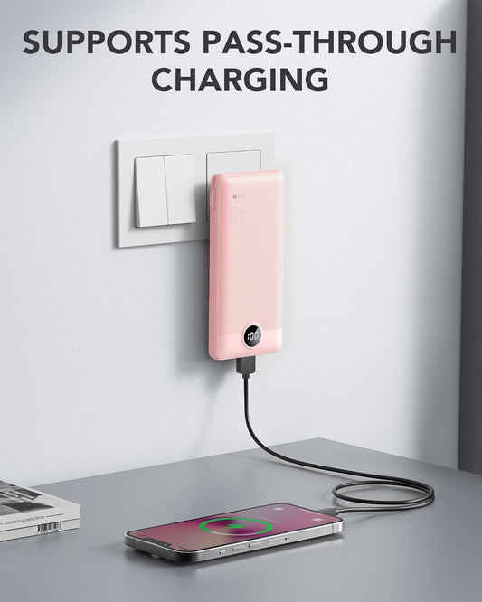 VRURC Portable Charger Built-in Cables and AC Wall Plug, USB C Power Bank 10000mAh, Travel Essentials Phone Charger Compact Lightweight External Battery Pack for Smart Phones, Tablets etc-Pink