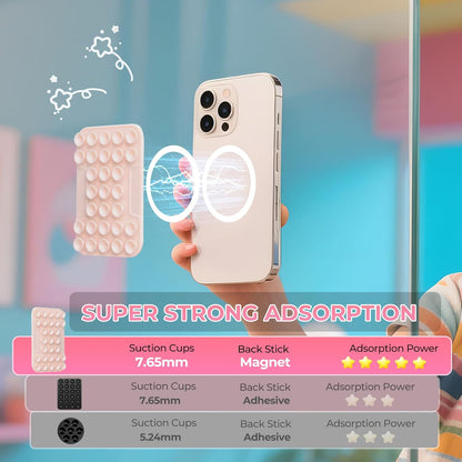 for MagSafe Suction Mount - 29 Silicone Suction Cup Phone Mount with Magnetic Phone Grip, for iPhone 12/13/14/15/16 Series, Hands-Free Sticky Grip for TikTok/Instagram, Light Pink