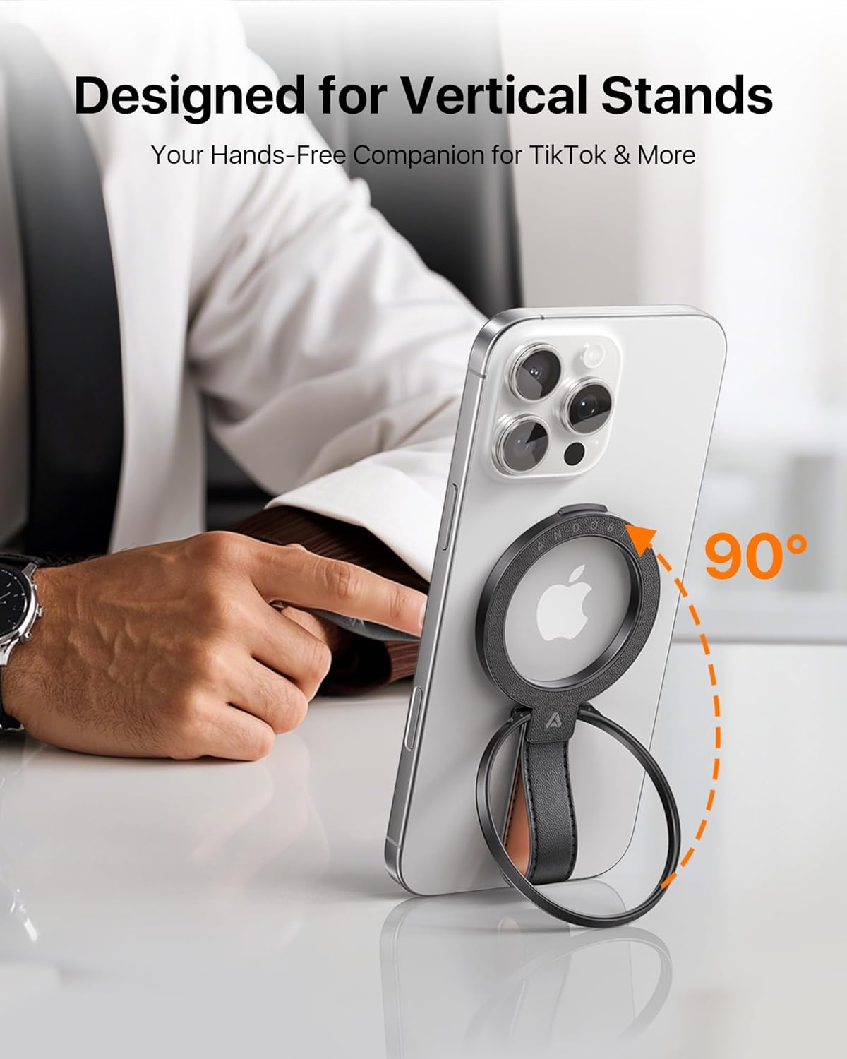 andobil[2025 Premium Leather] Magnetic Phone Grip for MagSafe[Unrivaled Stability] Adjustable Phone Ring Kickstand with Leather Loop Compatible with MagSafe Accessories&iPhone 16/15/14/13,Dark Black