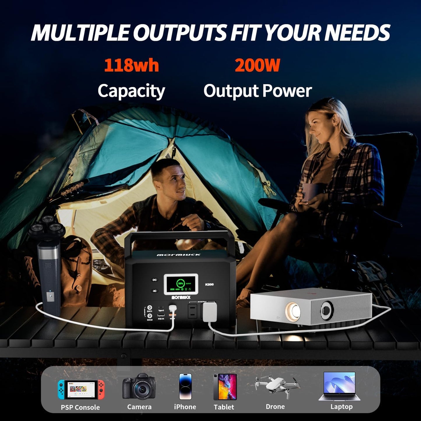 200W Portable Power Station (400W Peak), mormluck 118Wh Solar Generators with 110V/200W AC Outlet（NO SOLAR PANEL）, 32000mAh Lithium Battery for Home Backup, Outdoor Adventures, and RV Emergencies