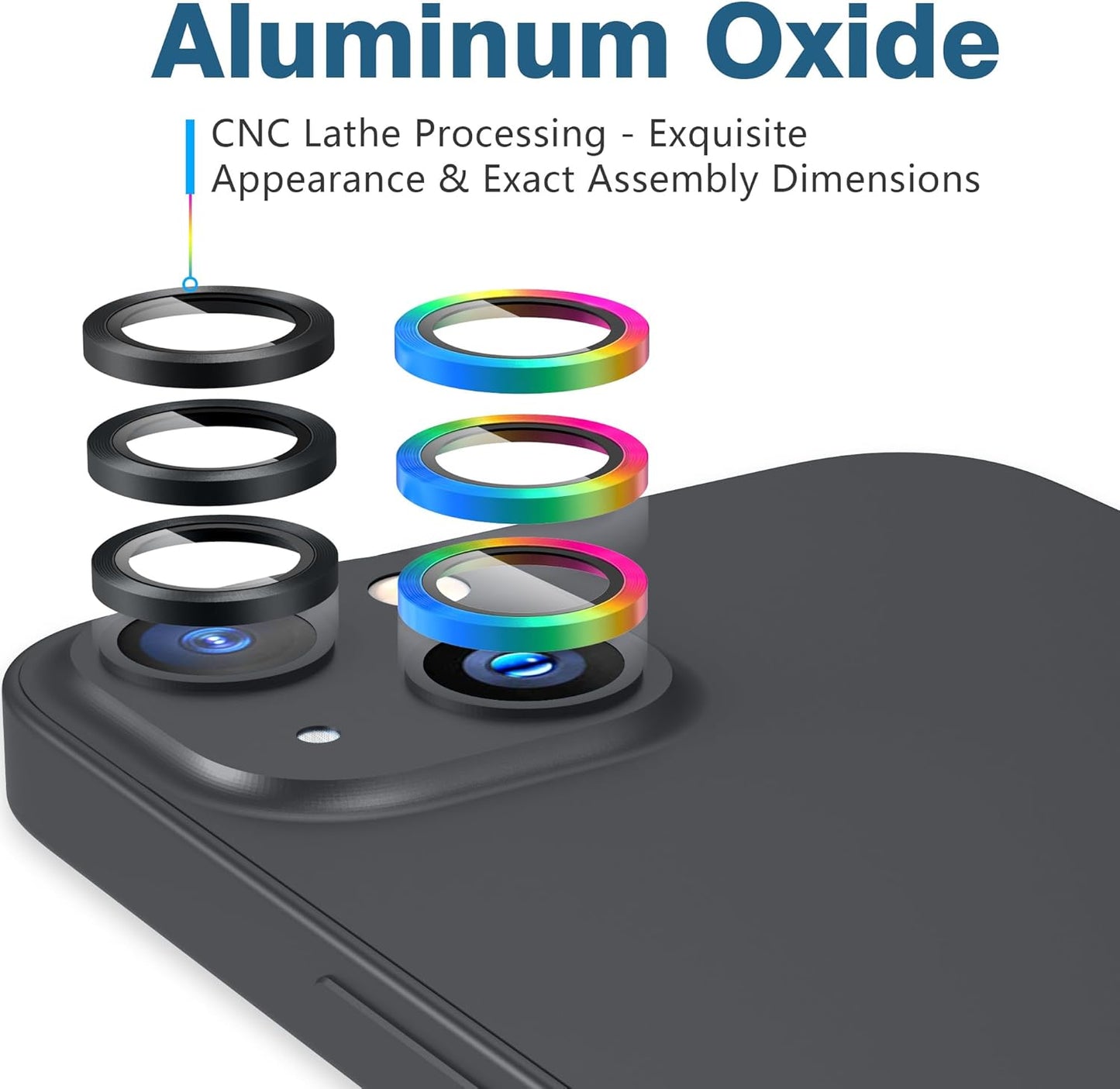 AGVEE 3+3 6 Pack for iPhone 15 6.1" / 15 Plus 6.7" Camera Lens Cover Protector, Metal Ring 9H Tempered HD Glass Camera Cover Protector Film, Black