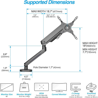 AVLT Single 27”-45” RGB Gaming Monitor Arm Desk Mount Built-in 20 Lighting Modes Touch Button Control Fits Flat/Curved/Ultrawide Screens Height Swivel Tilt Rotation Adjustable Stand -Dark Gray