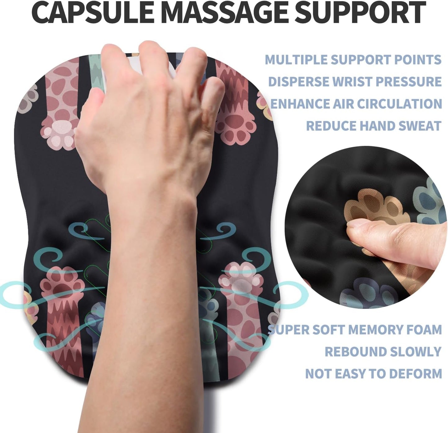 Ergonomic Raised Mouse Pad Wrist Support with Bilateral Slope Memory Foam Mousepad for Wrist Rest and Carpal Tunnel Pain Relief 11.8x7.9〃Cat Claws