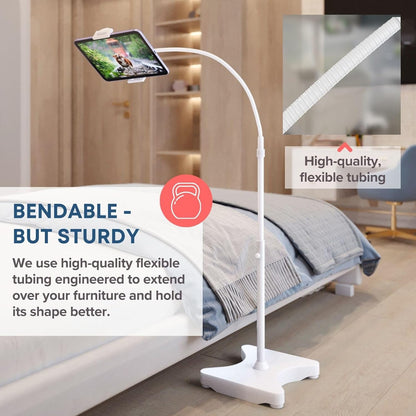 LEVO Adjustable Height Floor Stand for Tablet & Phone - Gooseneck Holder Mount with Stable Base - Compatible with All Cell Phones & Tablets (4-13 inch) - White