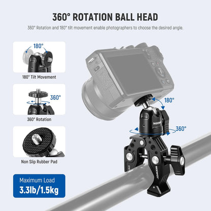 Neewer Super Clamp with Ballhead, Cold Shoe, Phone Holder and Action Camera Mount Adapter for Flat/Round Surface Compatible with GoPro DJI iPhone 15 Pro Max, ST87