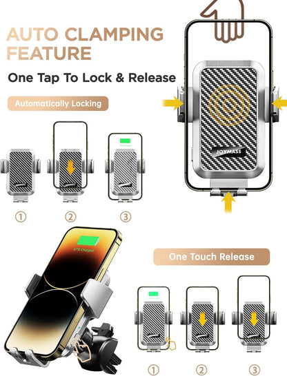 Wireless Car Charger, 15W Fast Charging Auto Clamping Car Charger Cell Phone Holder Mount Vent for iPhone 15 14 13 12 Mini Pro Max, Samsung Galaxy S24 Ultra S23 S22 S21+ Note 20, etc - Silver