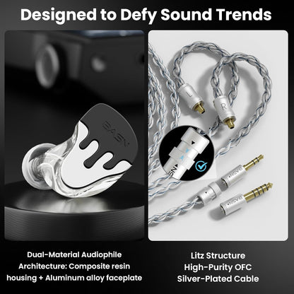 BASN BmasterX in Ear Audio Monitor, Hybrid 6 Drivers IEM Earphones with Crystal Clear Sound, Detachable Cable Plus Carrying Case & Fit Kit for Musician, Stage, Studio (3.5mm/4.4mm Jack, Black/White)