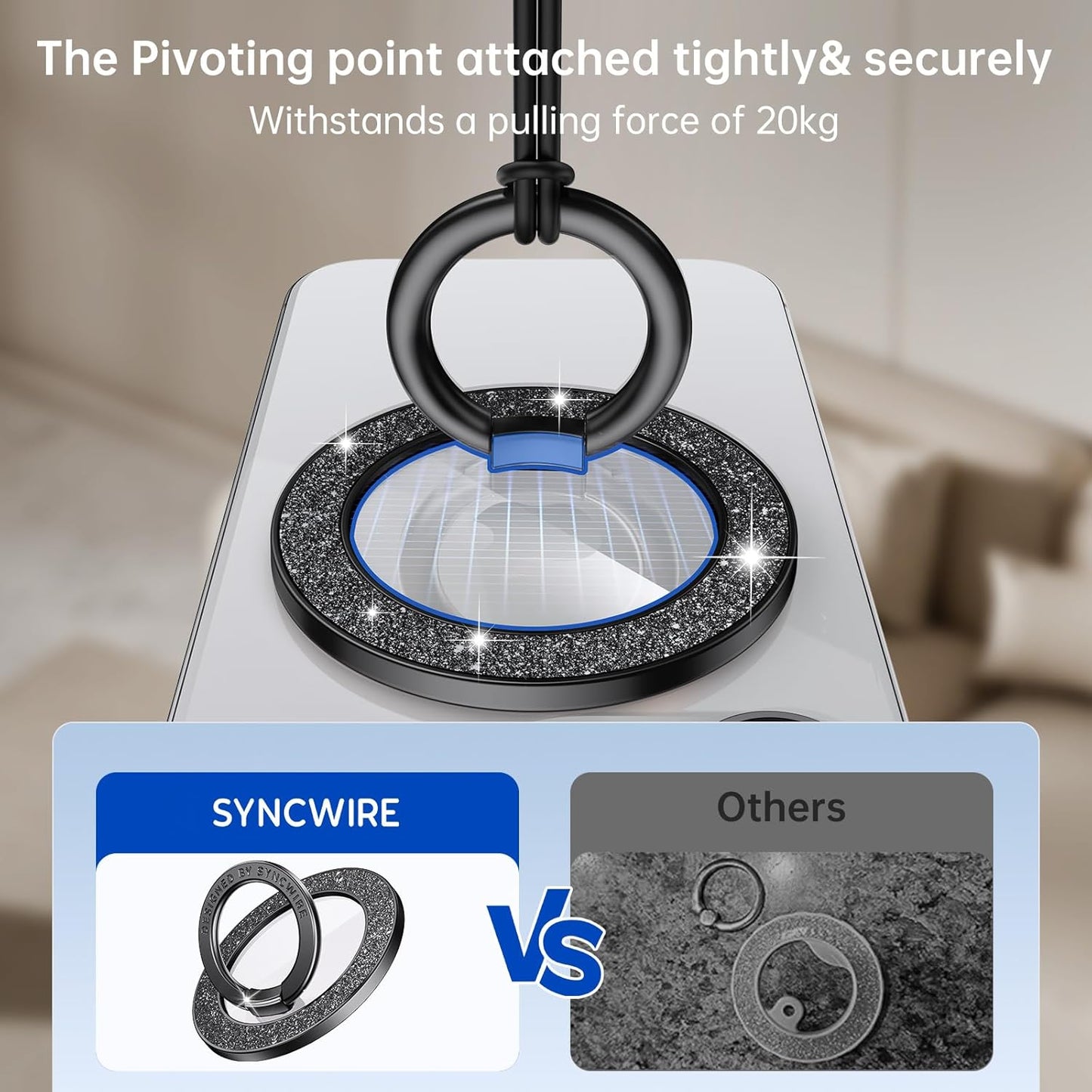 Syncwire Magnetic Phone Grip for MagSafe, Sparkle Phone Ring Holder, Rotatable Kickstand Bling Phone Ring Stand Removable MagSafe Accessories for iPhone 15 Pro Max 14 13 12,Android - Black Diamond