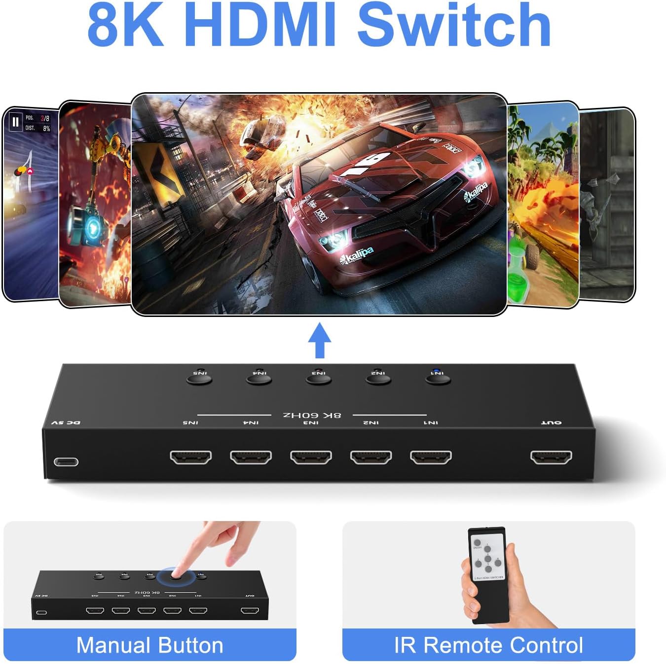 Y.D.F 8K@60Hz HDMI Switcher 5 in 1 Out Aluminum Support 4K@120Hz HDR10+ HDCP 2.3 CEC HDMI 2.1 Switch Splitter Compatible with PS5/4 Xbox X/S Nintendo Switch/OLED Roku Apple TV Fire Stick UHD TV